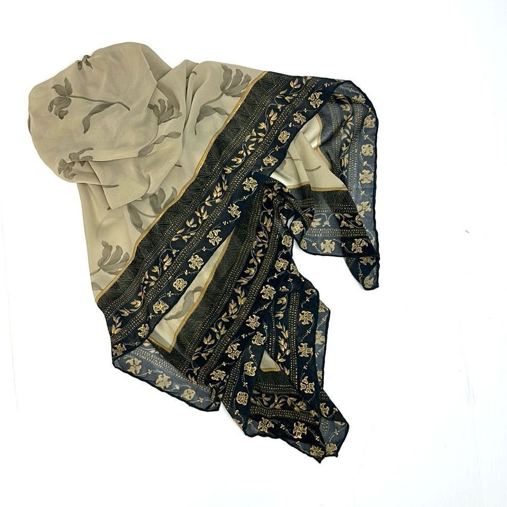 Silk Crepe Square Scarf Taupe Gray Floral Print Hand Rolled 41x41 inches - Picture 8 of 11